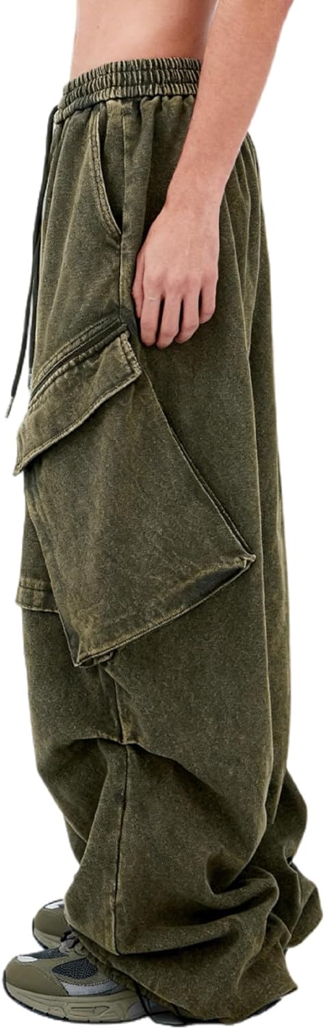Bakyarder Washed Cargo Pants Distressed Jeans Wide Leg Elastic Waist Unisex Pants with Big Pockets