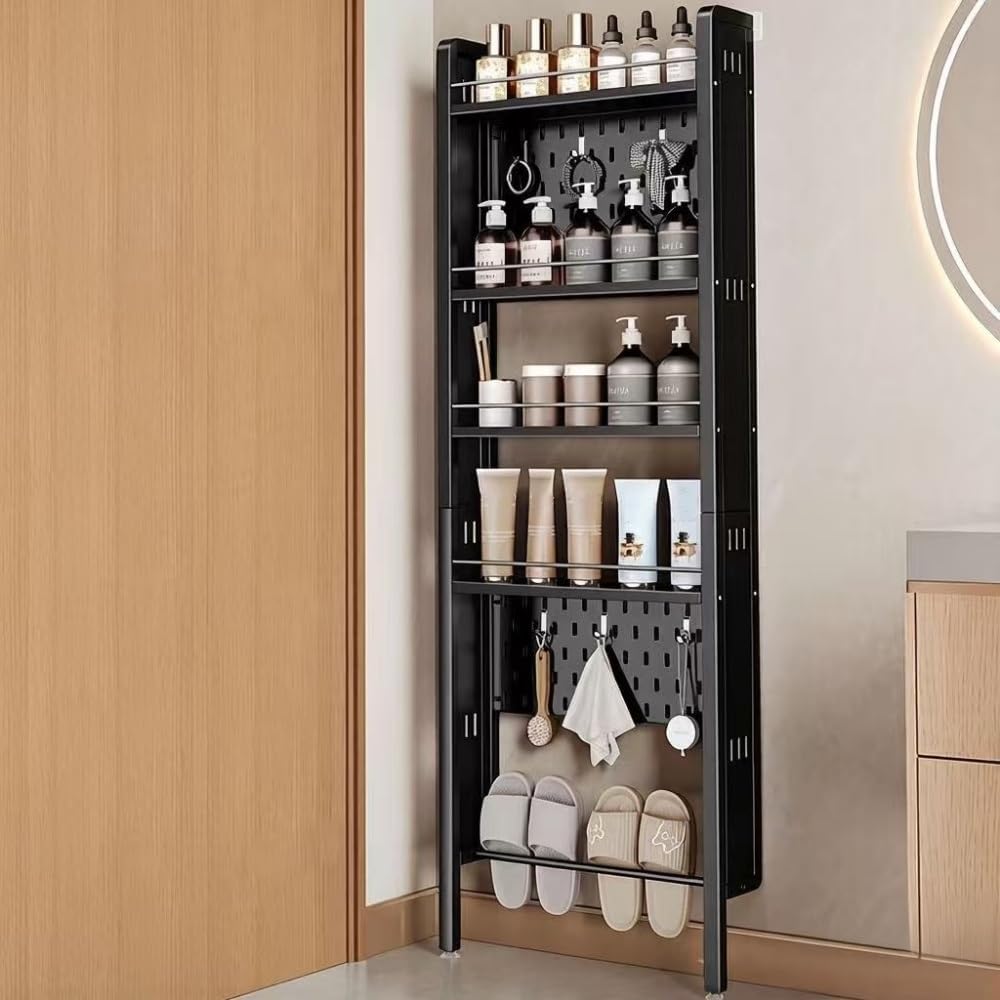 Metal Narrow Storage Shelf, Multi-Tier Over The Door Organizer with Pegboard, No-Drill Bathroom Shelf, Slim Shelf for Living Room or Balcony