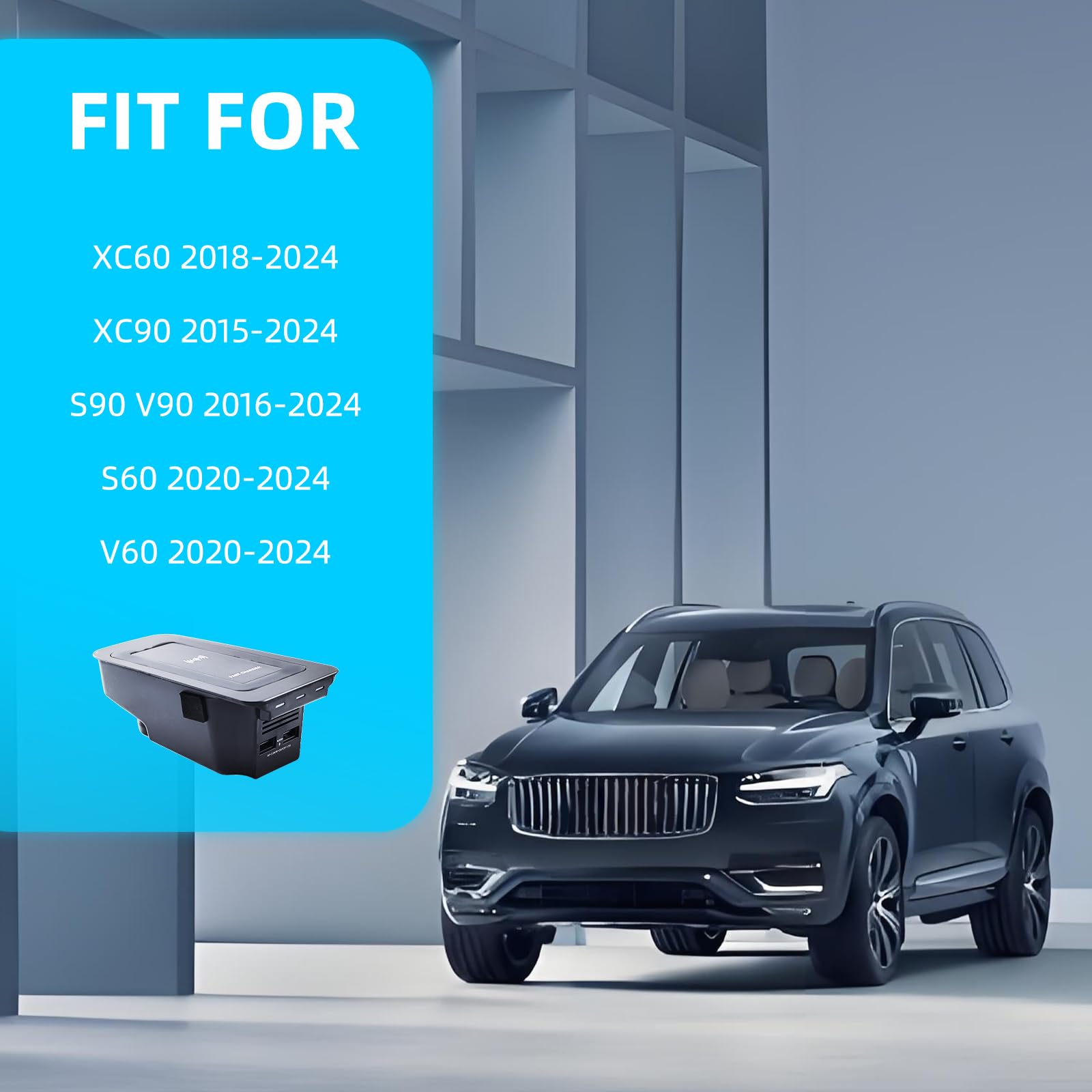 XC60 XC90 bezprzewodowa ładowarka, bezprzewodowa ładowarka samochodowa WPC Qi 1.2 z 2 portami USB, ładowarka 15 W ABS do bezprzewodowej ładowarki, dostosowanie indukcji do S60/V60/XC60/S90/V90/XC90