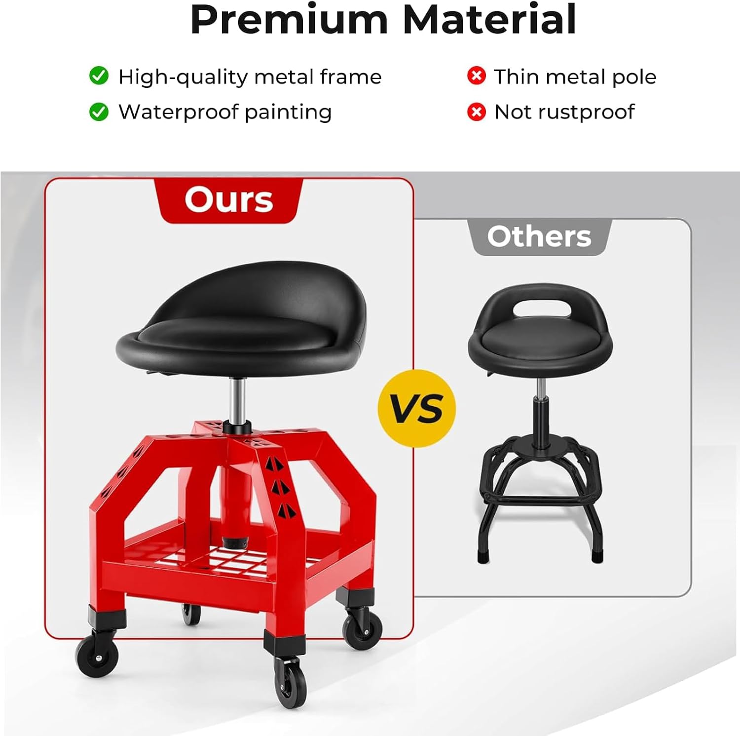 Trolley Rolling 150Kg Capacity Rolling Mechanic Stool Height Adjustable Padded Per Seat with Tool Tray and Wheels Heavy Duty Swivel Workshop Stool for Garage Factory Repair Shop (Y/Red