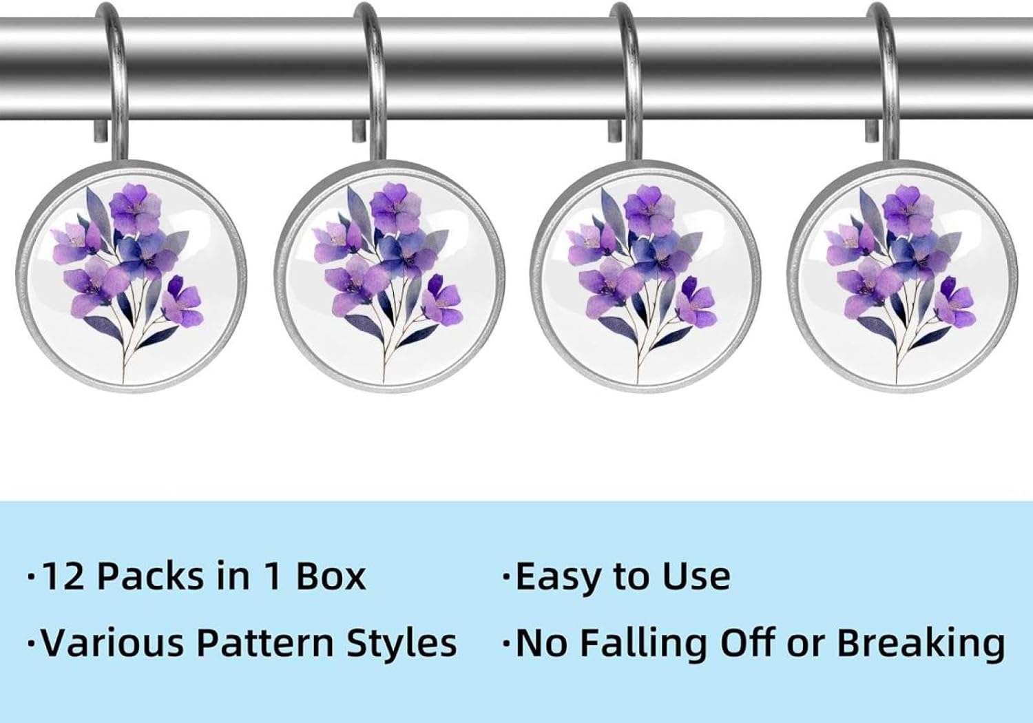 Aesthetic Purple Flower Decorative Shower Curtain Hooks Rings, Rust-Resistant Metal Glide Shower Hooks for Bathroom 12pcs Shower Curtain Hooks