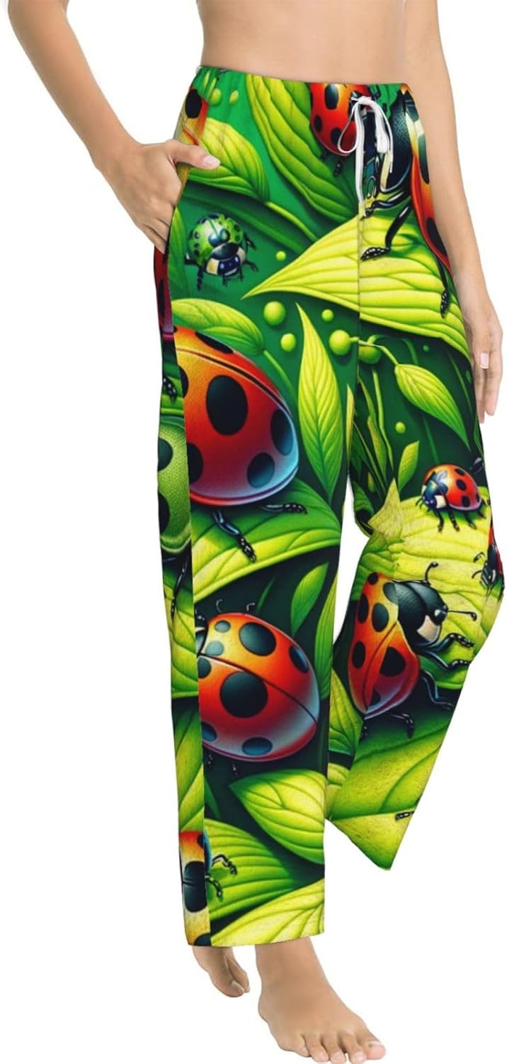 Women'S Spring-Animal-Leaves Fleece Pajama Pants, Cozy Flannel Lounge Bottoms For Women