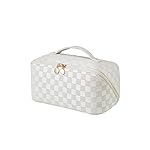 EACHY Travel Makeup Bag, Large Capacity Cosmetic Bags for Women, Waterproof Portable Open Flat Toiletry Bag Make up Bag with Divider and Handle, Gifts for Women (LD-White, Large)