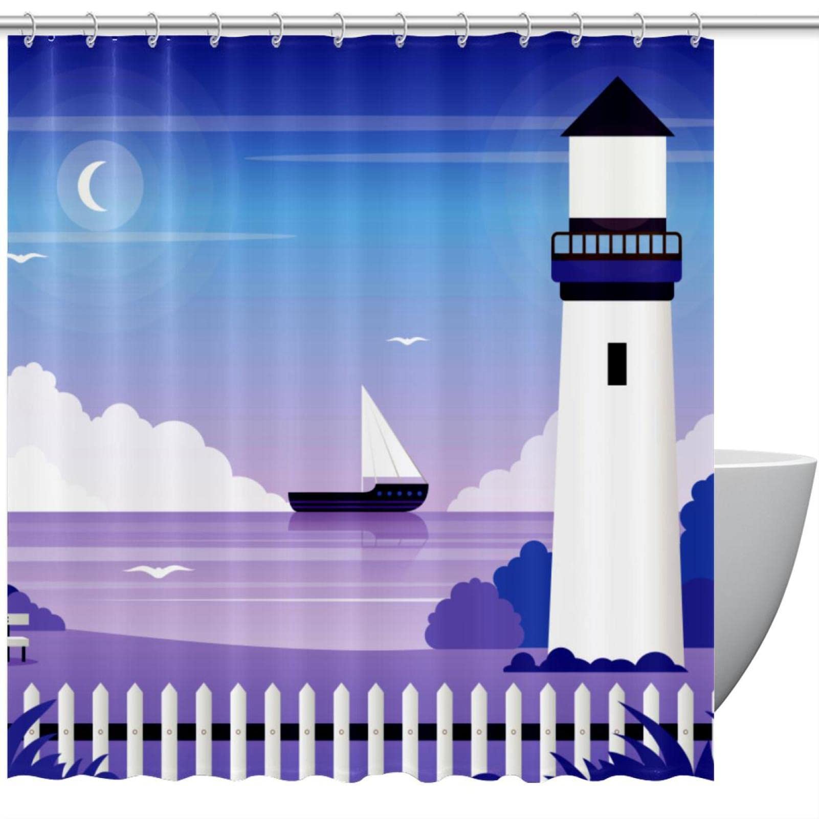 Rideau de douche violet motif phare pour une ambiance marine unique