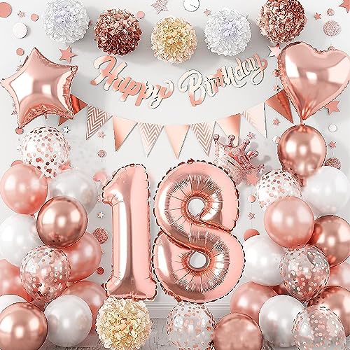 ANROI Kit de Décoration d'Anniversaire 18 Ans pour Femme en Or Rose - Ballons, Bannière, Pompons et Plus - Parfait pour Célébrations Spéciales12