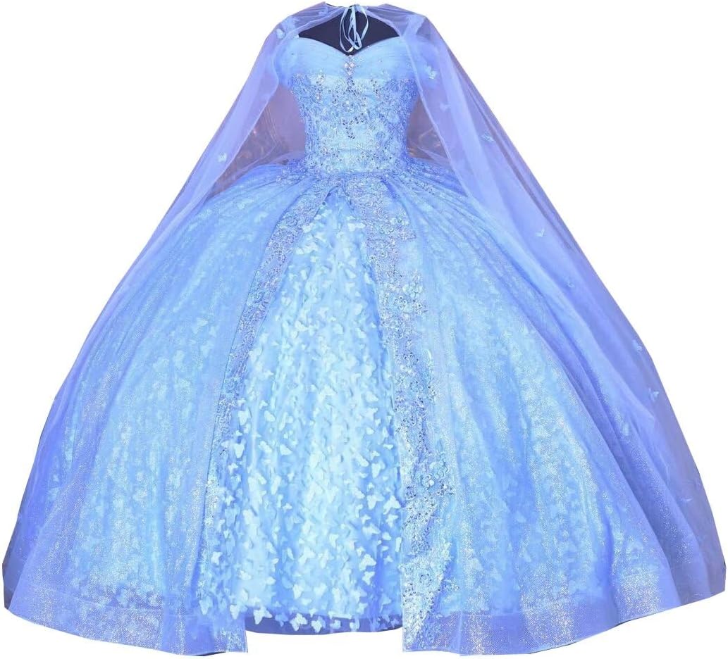 2026 Two Piece Cinderella Ball Gown Quinceanera Dresses with Cape Butterfly Lace Cold Shoulder