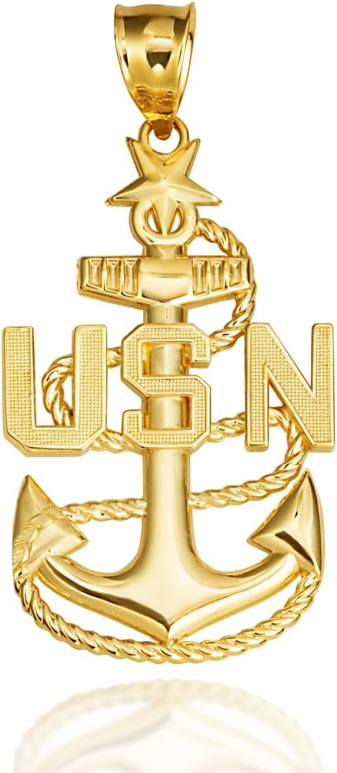 14K Yellow, White or Rose Gold 1-1/2” Officially Licensed United States Navy Fleet Senior Chief Petty Officer Anchor Emblem Pendant - Choice of Metal Color