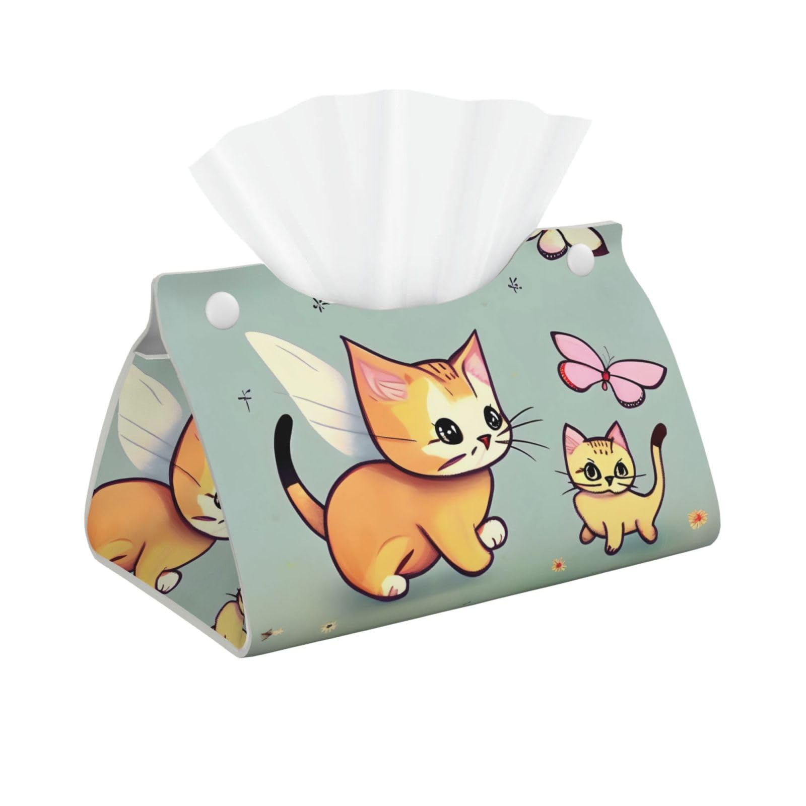 Kitten Butterfly Long Leather Tissue Box Cover-Waterproof PU Leather Tissue Holder for Bathroom, Decorative Rectangular Tissue Case