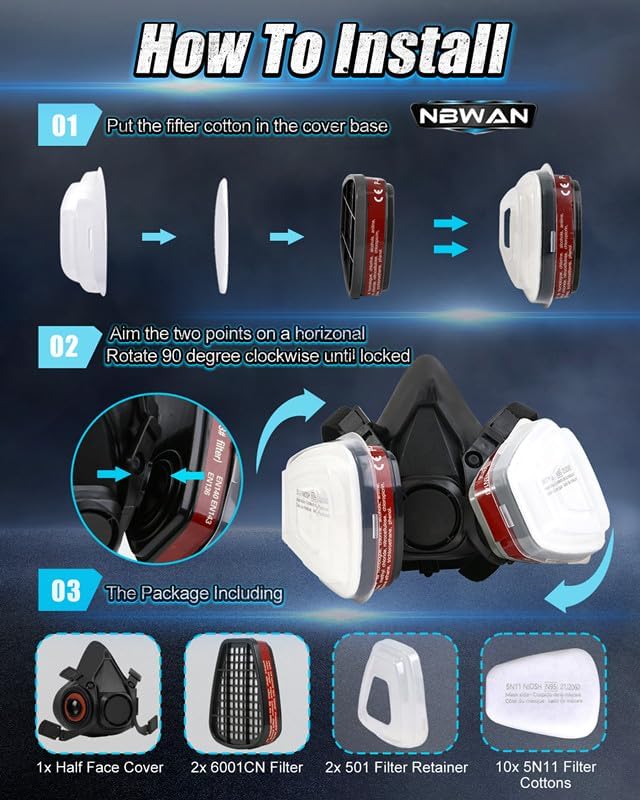 Miniatura 6 de Máscara de gas respirador con filtros 6001, máscaras de gas de supervivencia nuclear y química para pintura, vapores orgánicos