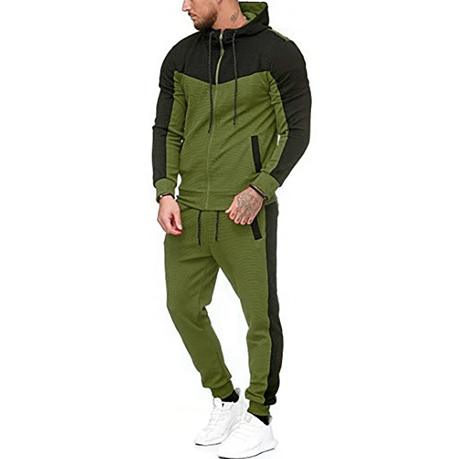 Męski dres treningowy, 2-częściowy, zapinana na zamek bluza z kapturem i joggery, zielono-czarna odzież sportowa dla mężczyzn, miękka bawełniana dres treningowy z kieszeniami, lekki, wygodny strój na