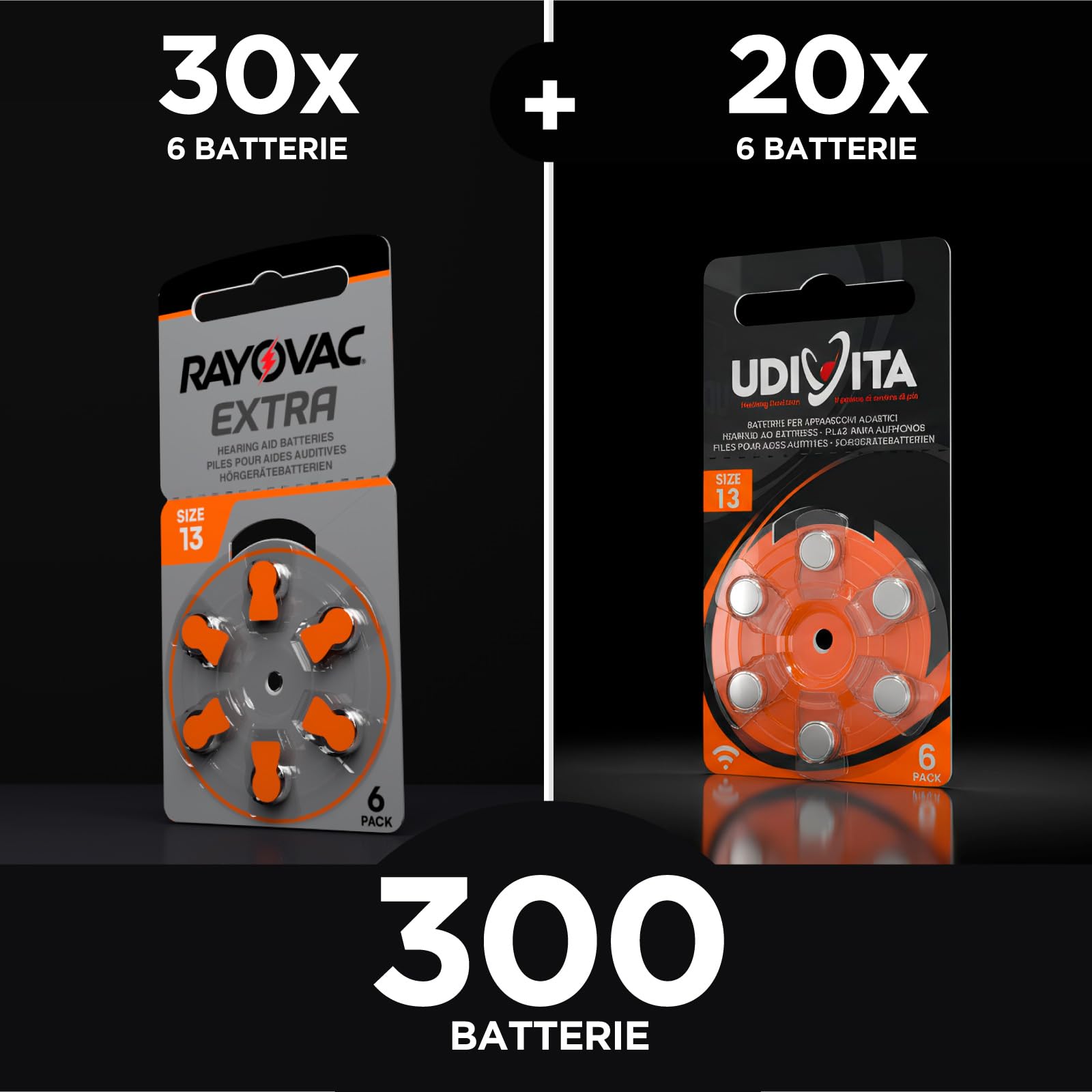 300 Batterie per Apparecchi Acustici Misura 13 PR48 Arancioni Zinco-Aria Phono Pulse Technology in 50 Blister da 6 Pile - 300 Batterie: 180 Rayovac + 120 Udivita