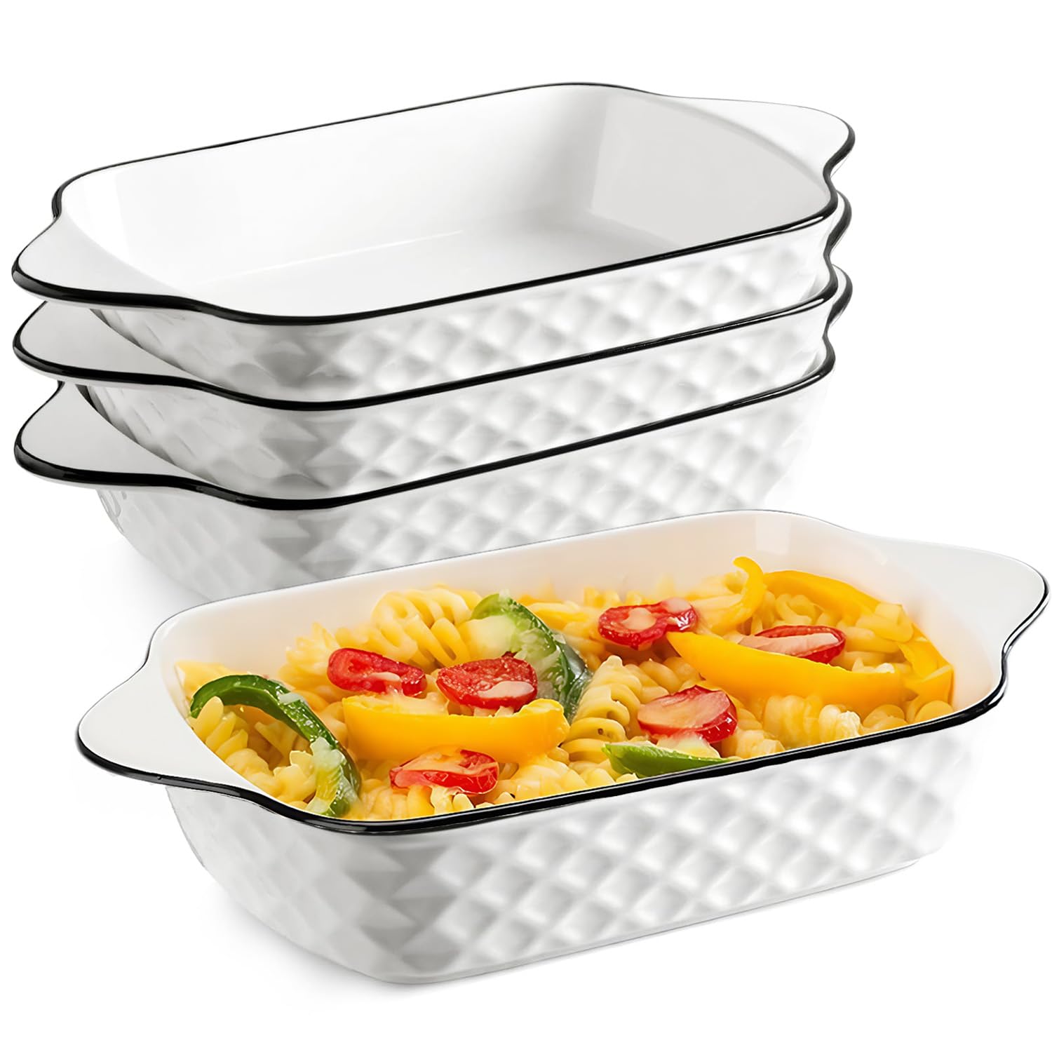Exquilnova 34OZ Ceramic Oven Dishes set of 4,10.5 Inches Rectanglar Lasagne Dish,Small Baking Dish with Handles,Pie Dishes for Air Fryer,Oven,Microwave,Refrigerator(Diamond Block)