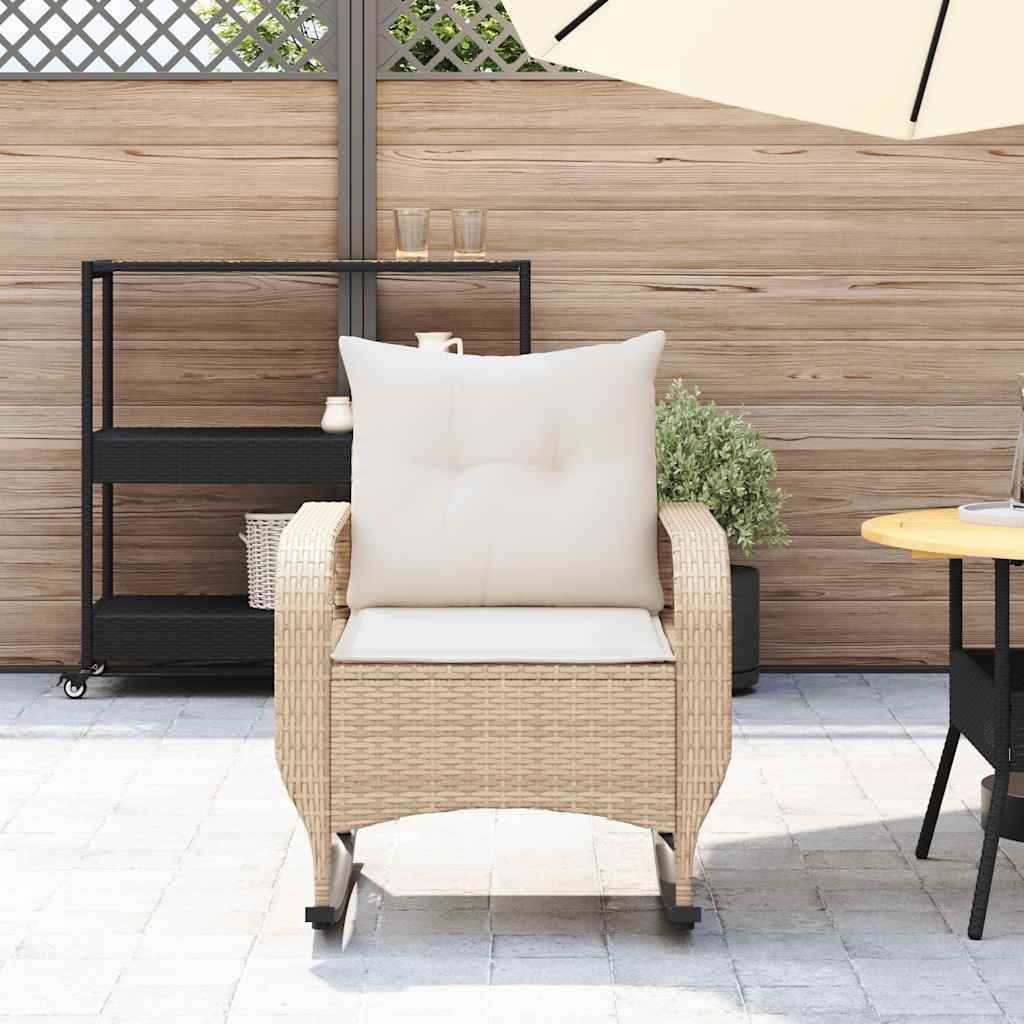 Genérico Silla mecedora Jardín Resina Trenzada Beige con Cojín Grueso, Sillón Balancín Exterior con Marco Acero, Funda Extraíble Lavable y Banda Goma Antideslizante