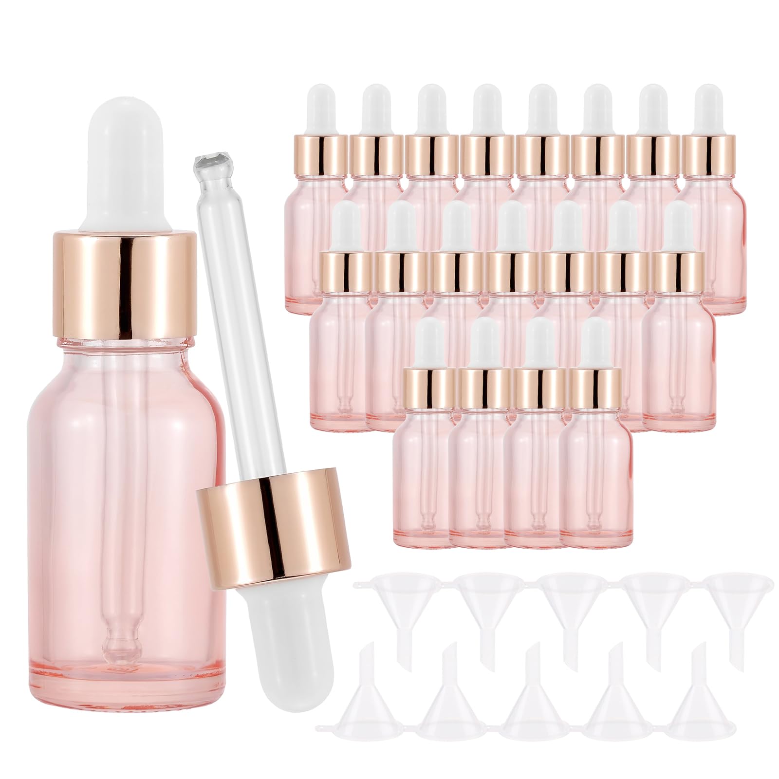 JIUWU 20 Pack 15ml Dropper Bottle with 10 Funnel,Pink Glass Eye Dropper Bottle for Essential Oils and Perfumes,Leak Proof Travel Vials