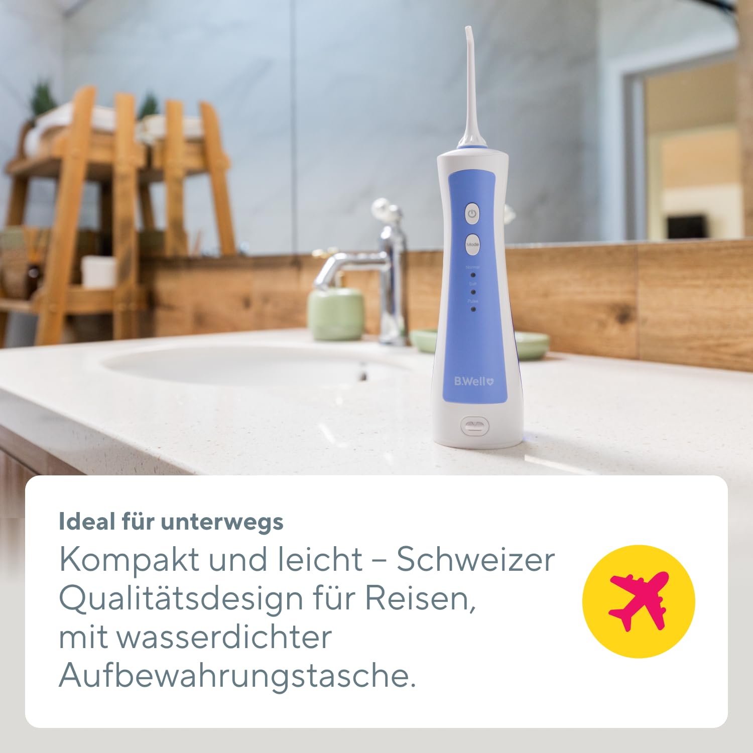 B.Well PRO-911 Tragbare Munddusche | Ideal für unterwegs, 45 Tage Akku | Schweizer Qualitätsstandards: Kompakt für unterwegs, 2 Düsen, 3 Modi und gründliche Mundpflege.