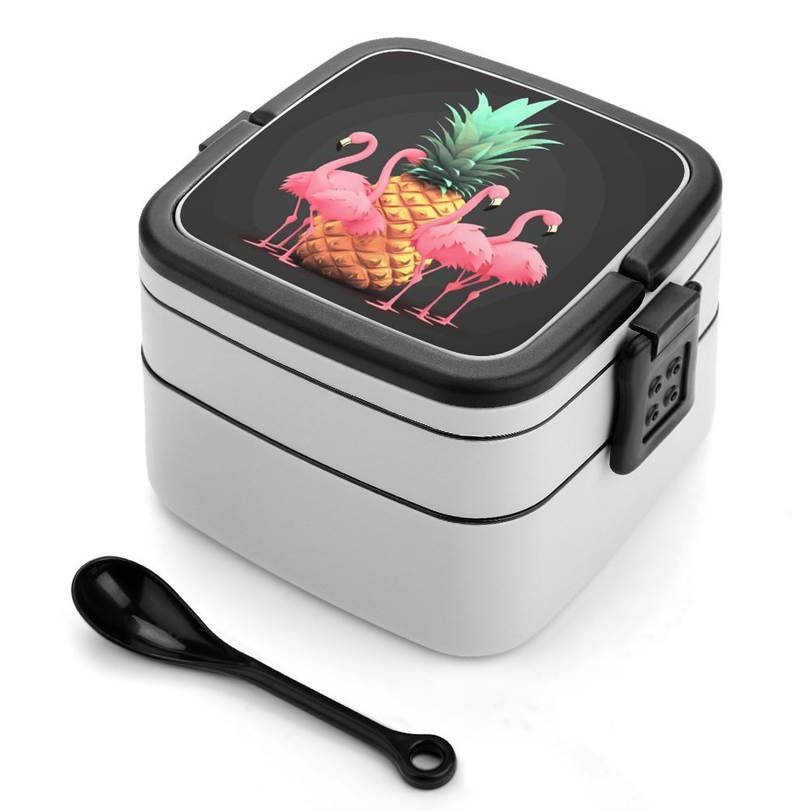 FekiLoot Pineapple Flamingos Bento Box Adult Lunch Box Sealed Bento Lunch Boxes with Spoon Sturdy Double Layer Bento Boxes Snap-on Design Leak Proof Lunch Containers Ideal for Work
