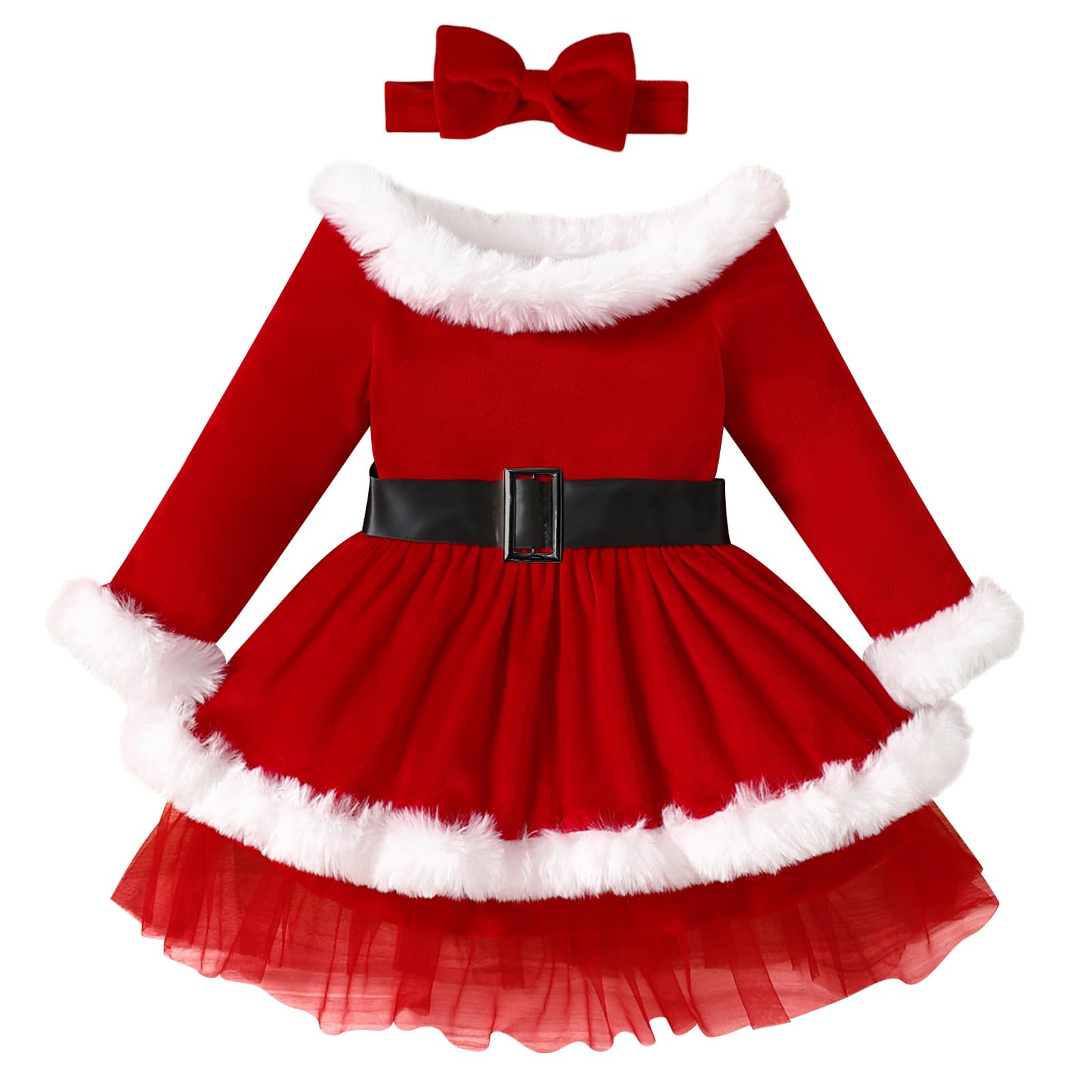 Odizli Vestido de Navidad para niña, niño, bebé, otoño, invierno, manga larga, vestido de terciopelo de Papá Noel, con cinta para la cabeza, traje de Navidad