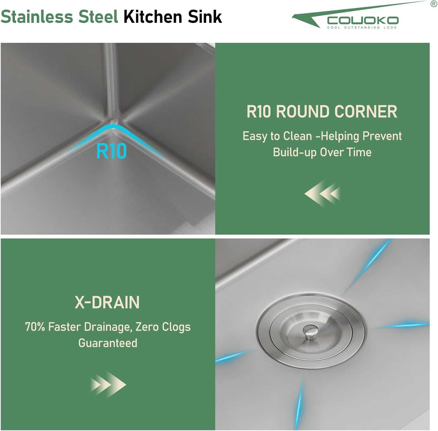 33 Inch Drop In Waterfall Kitchen Sink Workstation Smart 16 Gauge Stainless Steel Single Bowl Waterfall Sinks with Faucet Combo and Cup Washer Set