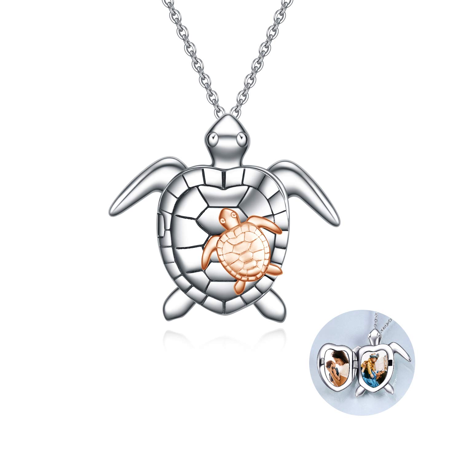 Schildkröten Medaillon Halskette Sterling Silver Damen Kette mit Foto niedlicher Tieranhänger Schmuck Geschenke für Frauen Mutter Tochter