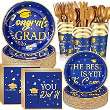 FillTouch 350 Pcs Graduation Plates and Napkins 2026 Graduation Party Disposable Congrats Grad Paper Plate Napkin Cup Fork Knife Spoon for Party Supply Decoration, Serve 50Best is Yet,Blue, Gold