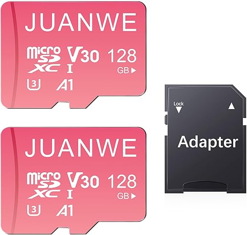 JUANWE Tarjeta Micro SD de 128 GB, paquete de 2 tarjetas de memoria microSDXC con adaptador SD C10 U3 A1 V30, tarjeta de memoria SD rosa, 128 GB