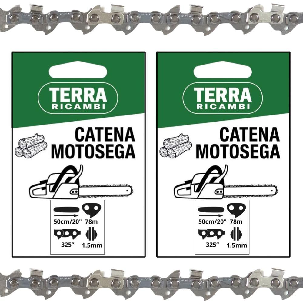 Set 2 Catene Motosega 325” 1.5mm – 78 Maglie per Barra 50cm/20" – Basso Contraccolpo, Alta Durata – Qualità Tedesca Terra Ricambi – Per Uso Agricolo, Forestale e Fai da te.