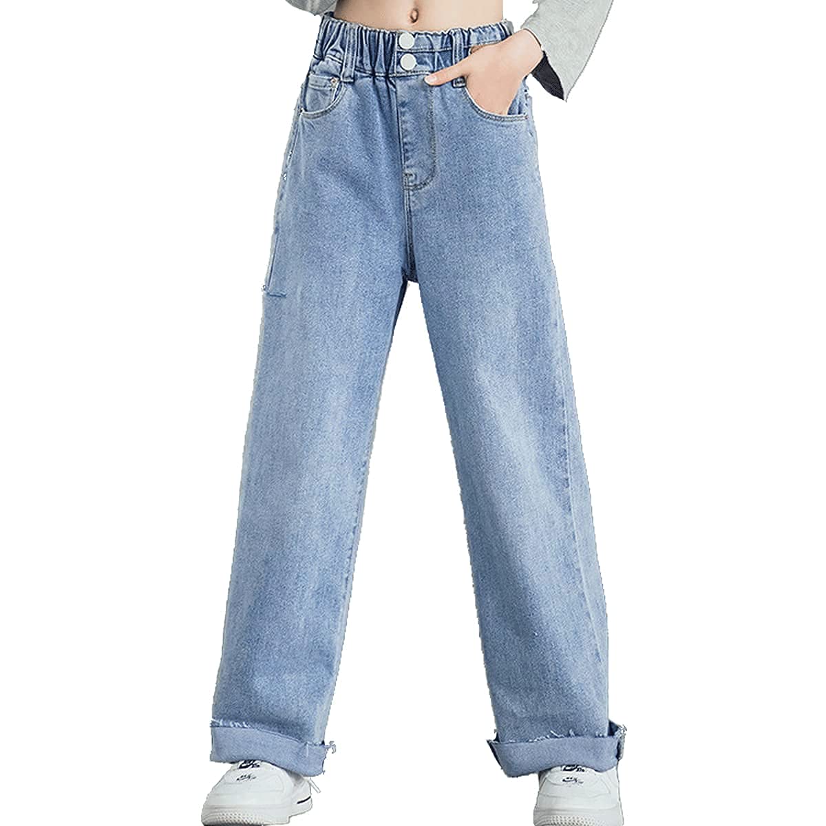 Jeans strappati per bambine e ragazze, con elastico in vita, pantaloni larghi, taglia 5-14 anni