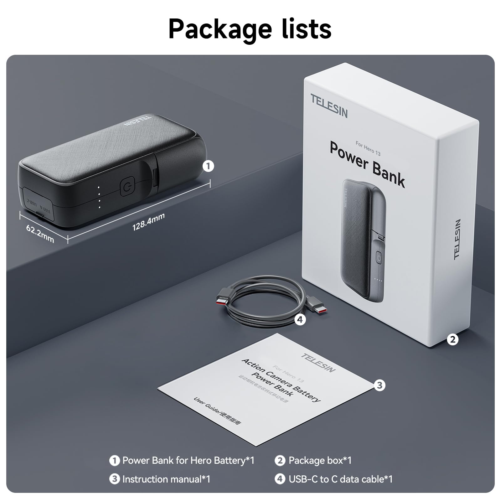 TELESIN 10000 mAh Akkuladegerät Power Bank für Go Pro Hero 13, Dual-Slot Schnellladegerät für Go Pro Hero 13, Multifunktions-tragbares Powerbank Akku-Ladegerät voll kompatibel mit Go Pro Hero 13 Akku