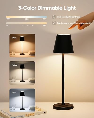 Miniatura 7 de Lámpara de mesa LED inalámbrica recargable, 3 alturas ajustables, lámpara de batería de 5500 mAh, lámpara táctil de atenuación de 3 colores, lámpara