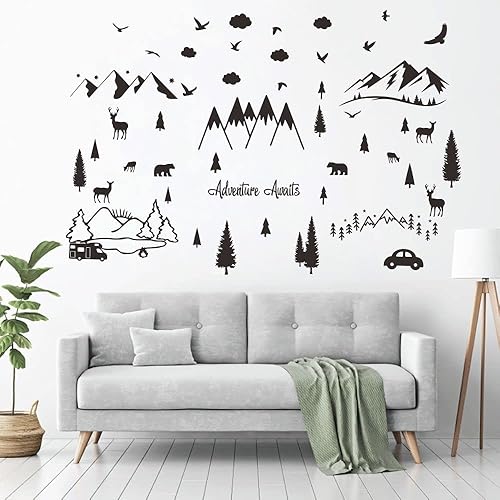 Miniatura 7 de ANFRJJI JWH206 - Calcomanías de pared con temática de bosque, bosque de ensueño con pinos, ciervos y osos - Adhesivo de pared de camping de montaña