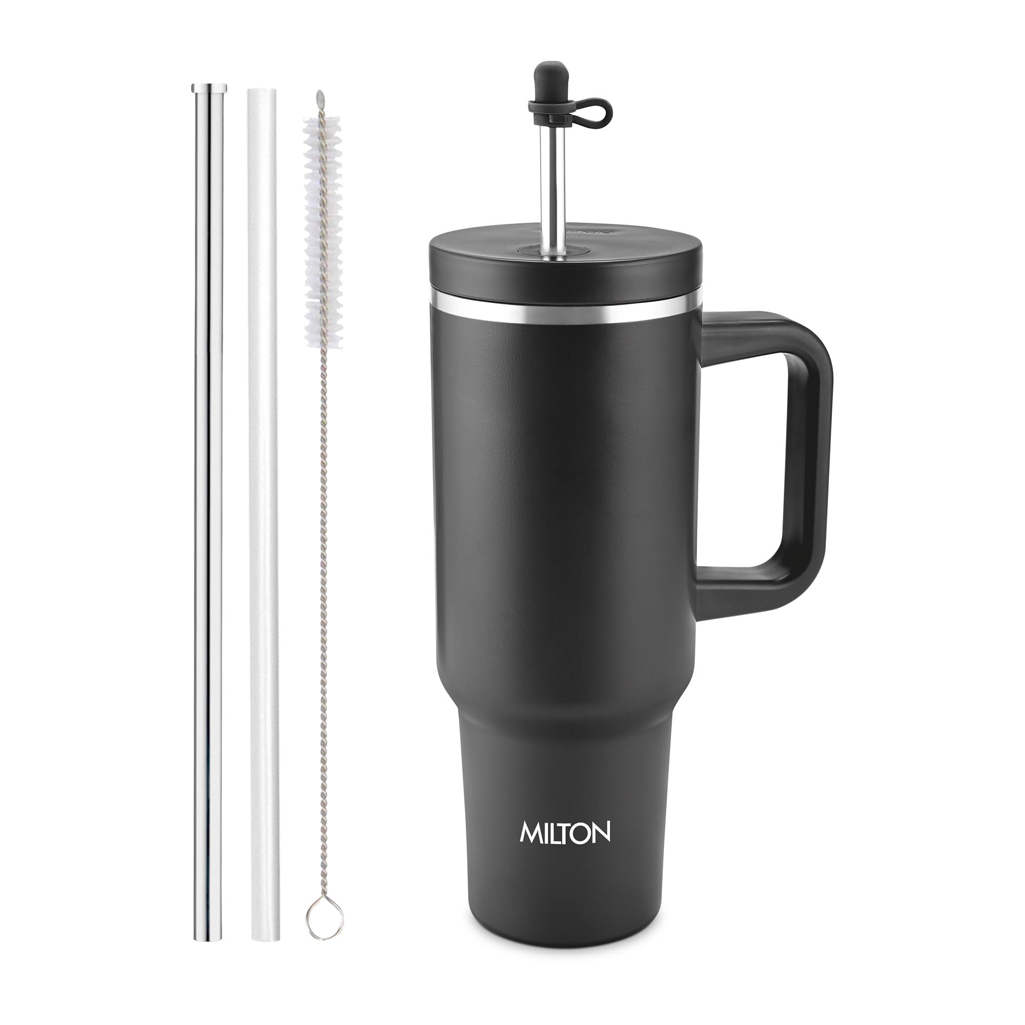 Milton My Tumbler 1200 Thermosteel Double Wall Vacuum Insulated Stainless Steel Tumbler with Handle 1100ml,Leak Proof Travel Mug with Straw,Silicon Cap Cleaning Brush, Hot & Cold Beverage Flask, Black