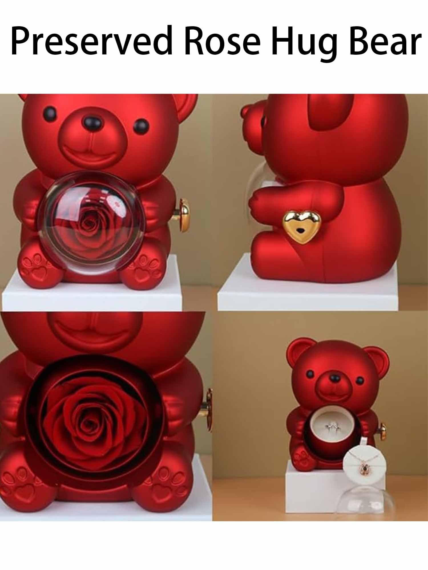 Regalo de oso de abrazo de rosas preservadas para mujeres con collar de corazón, rosas eternas, regalos para esposa, mamá, abuela, novia, Navidad, día de San Valentín, cumpleaños (rojo, plata S925)