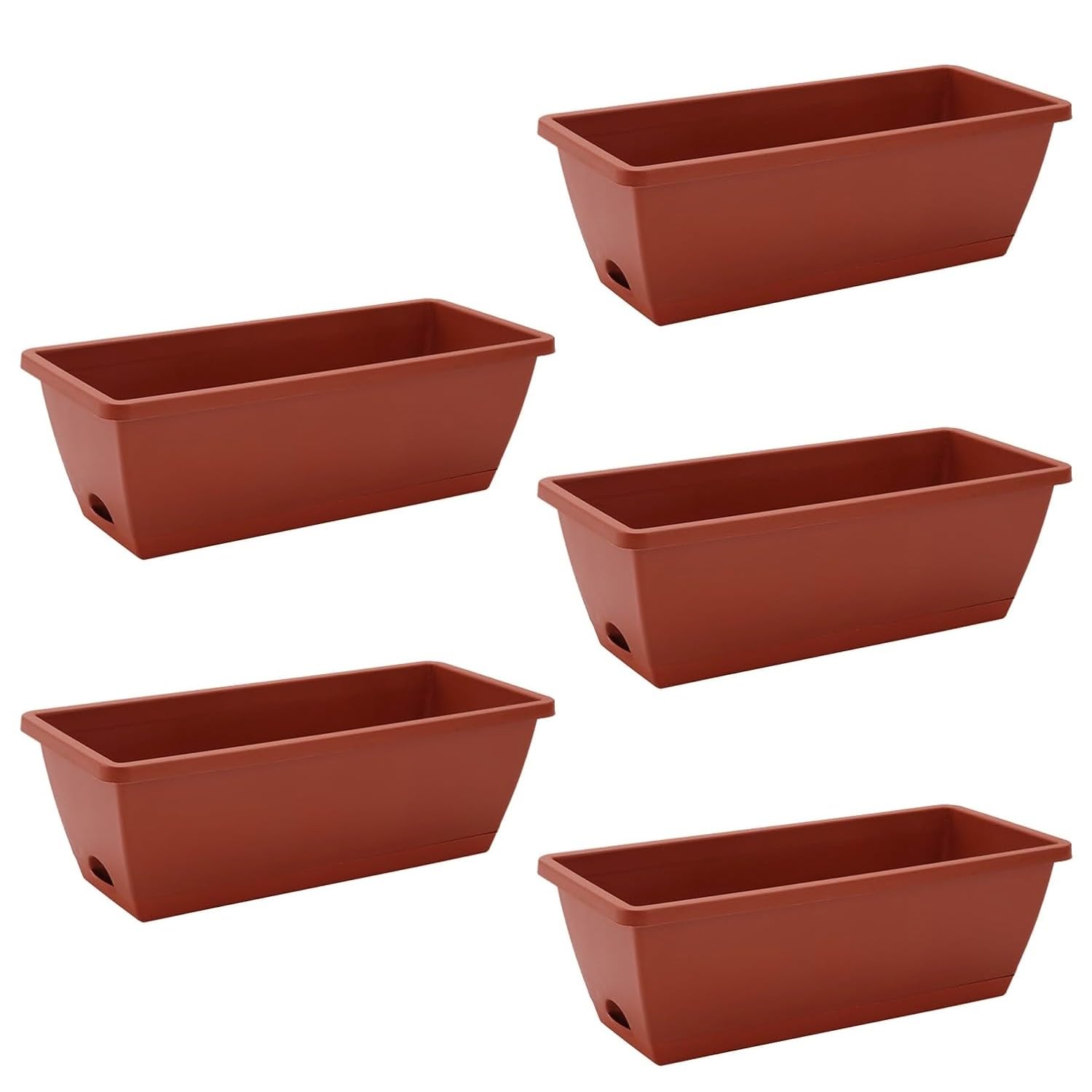 Set of 5 Plastic Trough Plant Pot Long Planter Home Outdoor Garden Window Herb Flower Box Windowsill Patio Bushes Window Box Rippled Effect, Optional Drainage Holes Terracotta (Brick Red)