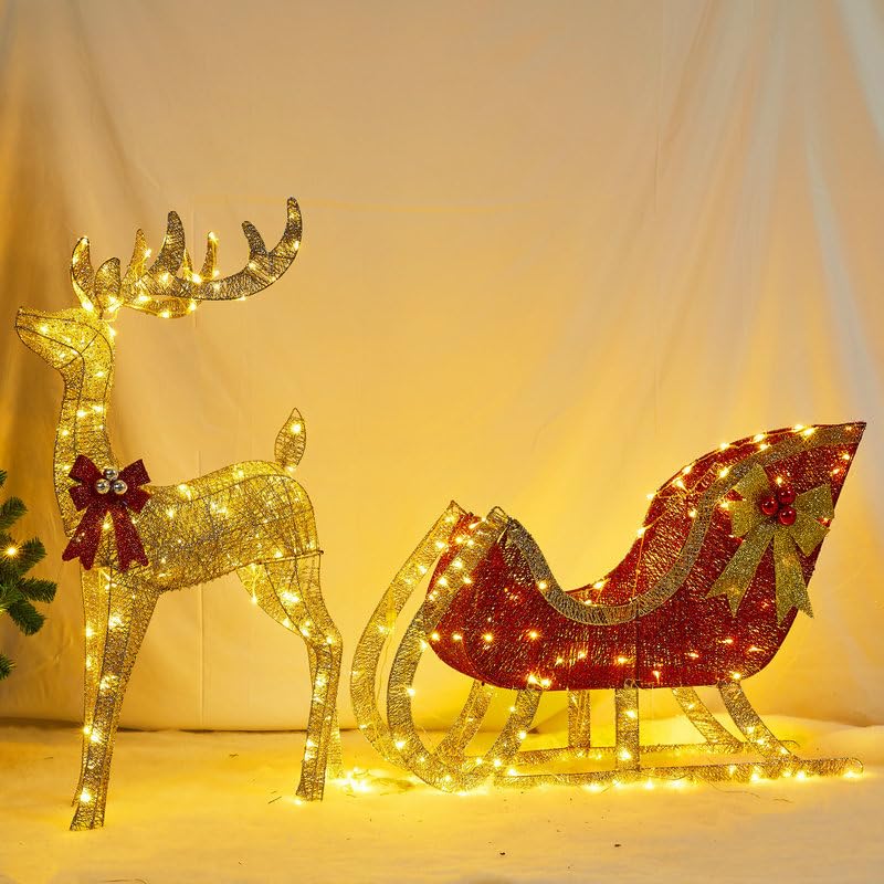 280er LED Rentier mit Schlitten 100cm warmweiß Timer innen und außen (XQXL)