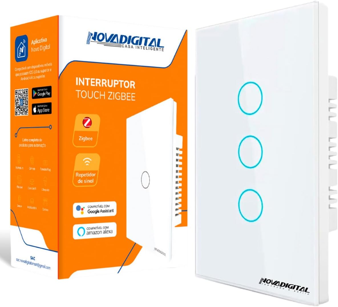 Interruptor Inteligente ZigBee 3 Botões Touch NovaDigital Branco Compatível Alexa Tuya Smart Life
