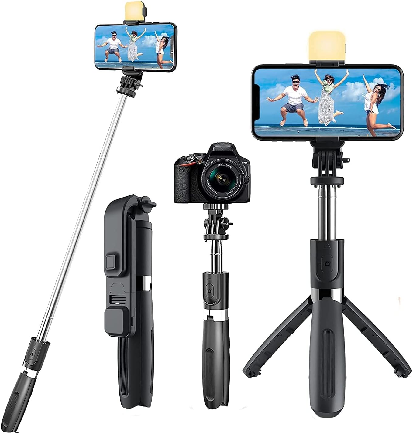HB PLUS H2Selfie Stick with Tripod Stand, 3 in 1 Multifunctional design, Rechargable LED Light with Two Brighness Levels for Make up, Selfie, Vlogging & Photo Shoot, Selfie stick with Bluetooth Remote