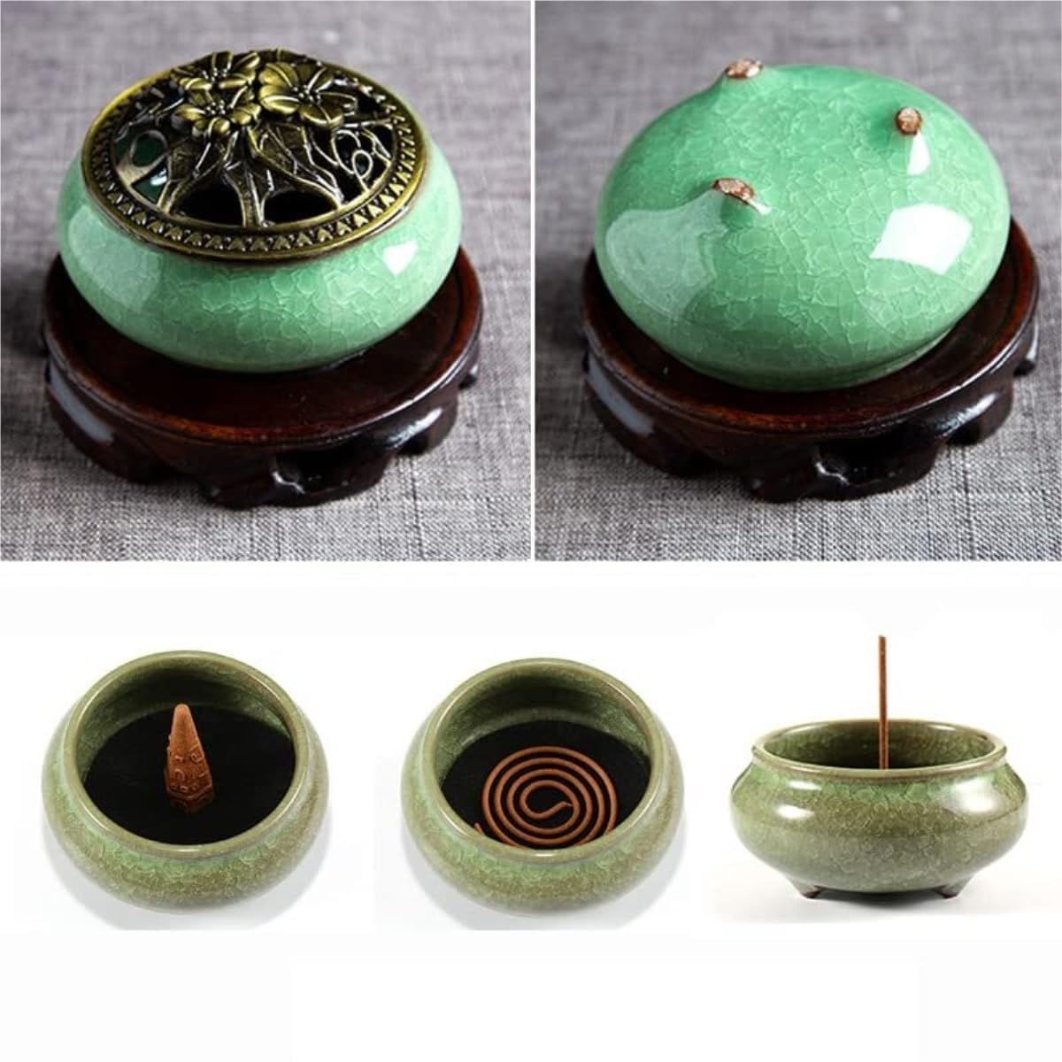 Porta Incenso Bruciatore Incenso Bruciatore di Incenso con Riflusso di Incenso in Bastoncini di Incenso in Ceramica con Copertura in Rame Celadon Portaincenso per Famiglia(Rot)