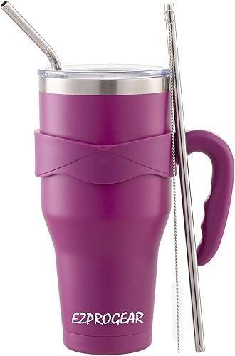 Ezprogear Vaso de campamento de acero inoxidable de 40 onzas con asa, taza de agua magenta roja con tapa (Magenta)