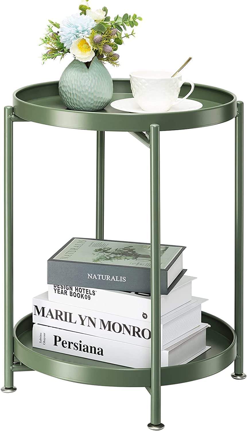 INDIAN DECOR 89202 Metal Side 2 Tier Table with Removable Tray, Folding End Table Outdoor Side Table Small Accent Table, Anti-Rust Green Nightstand for Bedroom Balcony Patio (Dark Green)-image-12