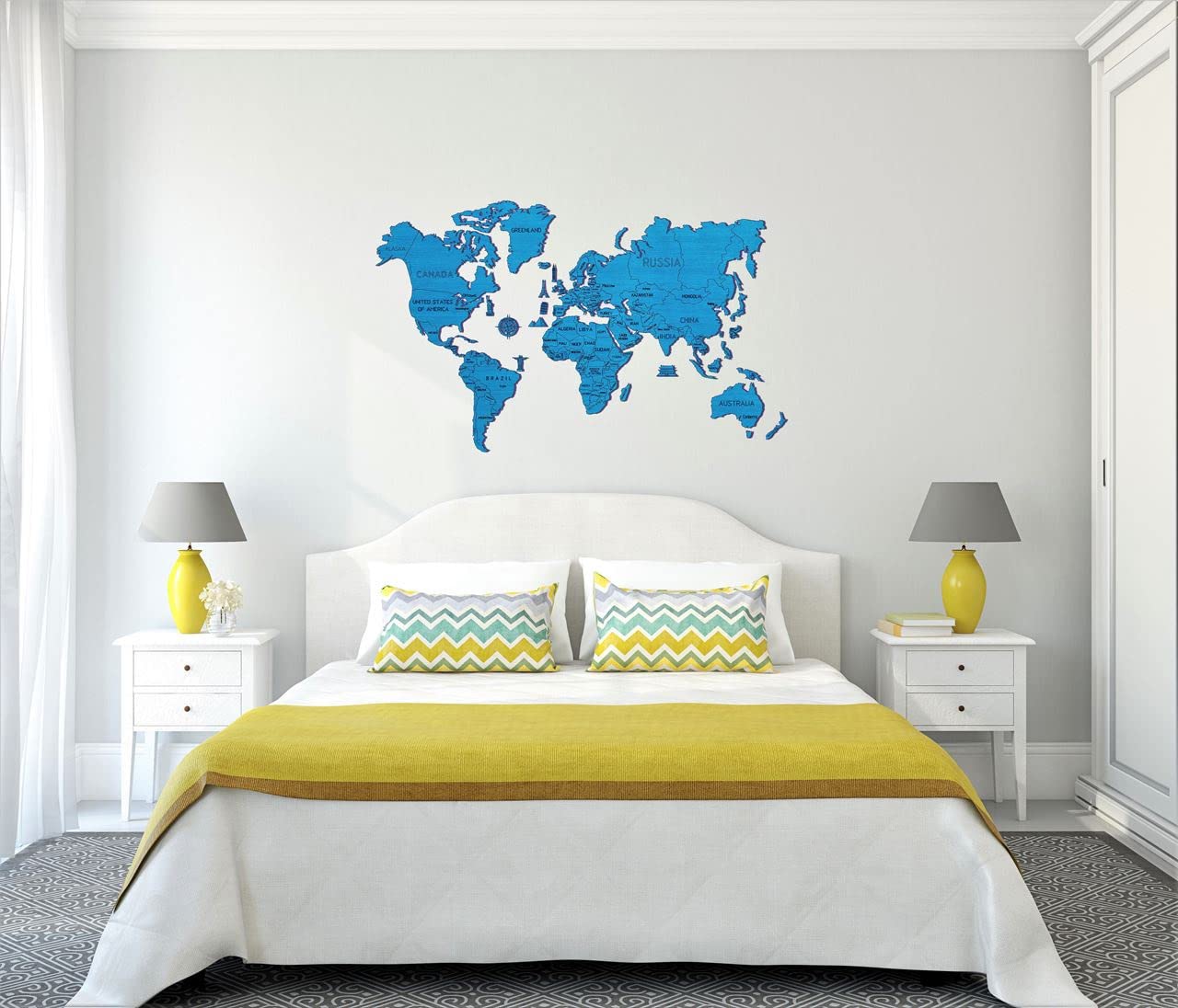 Wooden City Mapa del Mundo de Madera Talla XL (Cyan) 120 x 80 cm Color Uno