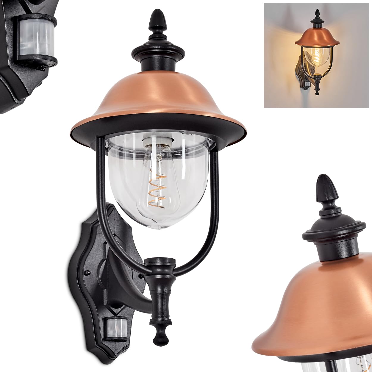 HOFSTEIN Außenwandleuchte Gascon, Außenwandlampe mit Bewegungsmelder aus Metall/Kunststoff in Schwarz/Kupfer/Klar, Wandleuchte außen im Vintage/Antik/Landhaus-Design, Garten, Hof, Haustür, E27, IP44