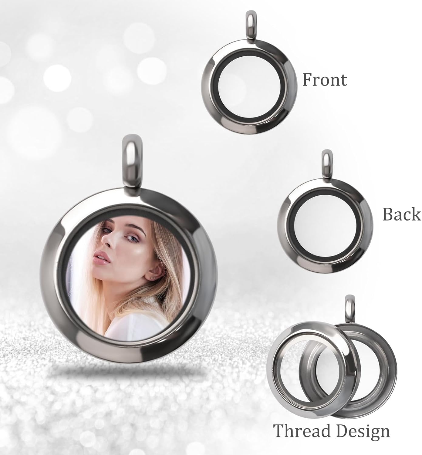 WANDIC Silver Photo Charms, 4 Pcs Screw Thread Round Memory Locket Pendants, Bridal Wedding Bouquet Frame For Bouquet Decoration, Key Chain, Necklace Making, 20mm - Image 3