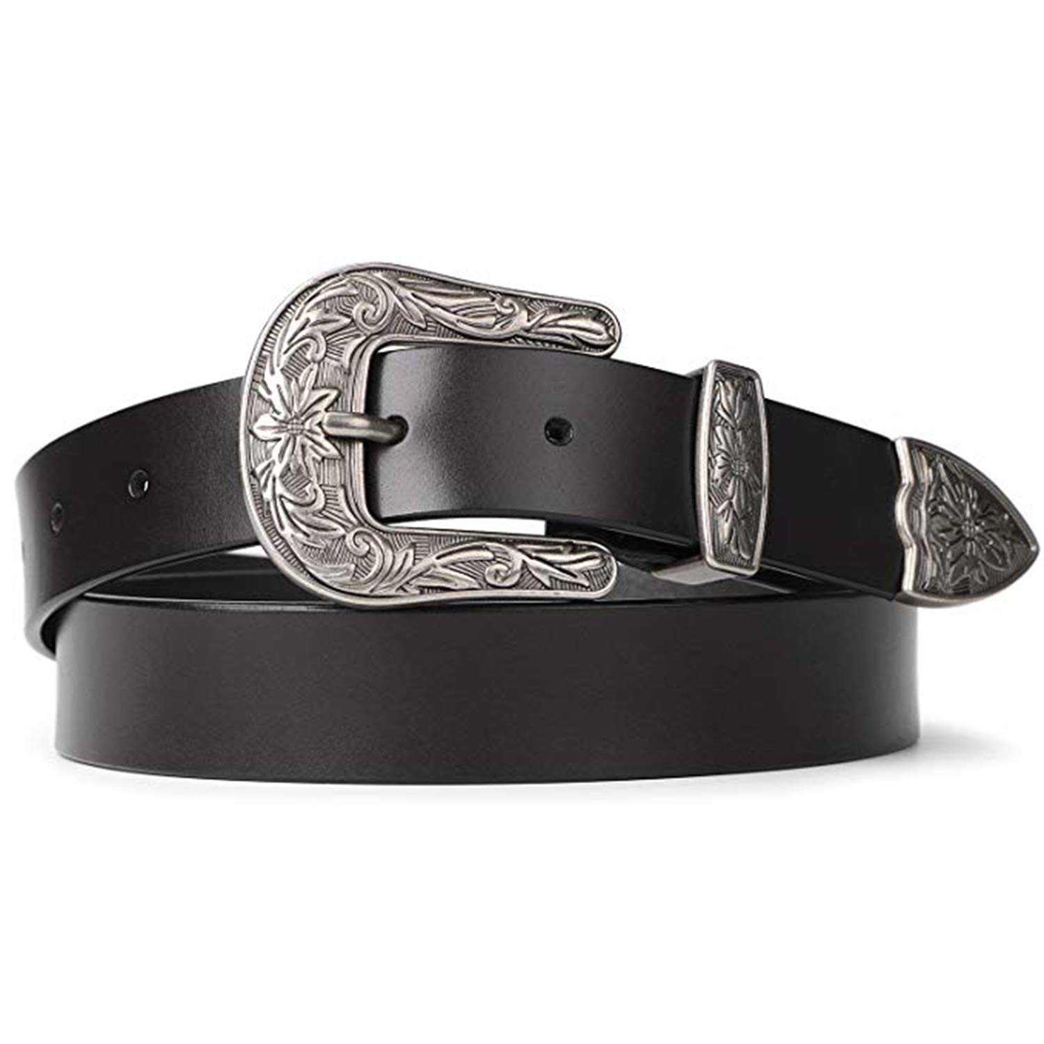Tswrk Women's Silver Genuine Leather Belts With Vintage Western Design Metal Buckle
