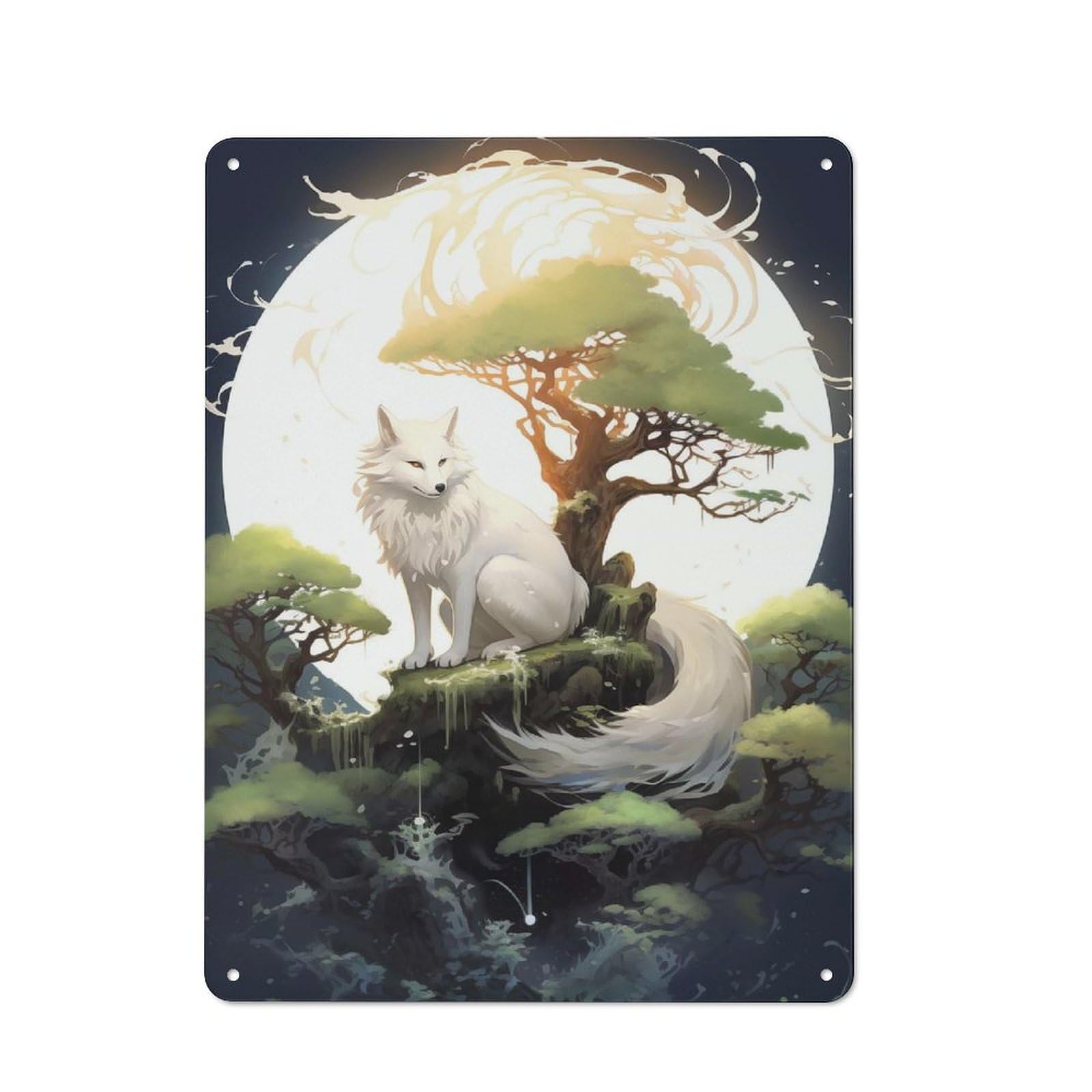 Junmoney Style-5 Rustic Decorative Metal Sign 40X30cm Featuring Japanese Fox Moonlight, Kitchen Wall Decor For Kitchen, Cafe, Pantry Or Dining Room