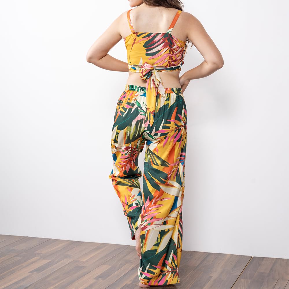 EROTISSCH Women's Yellow & Green Tropical Printed Beachwear Co-ord Set, Tie Knot Back Sleeveless Top & High-Waist Shorts, Lightweight Poly Crepe Resort Wear (Size L) 1