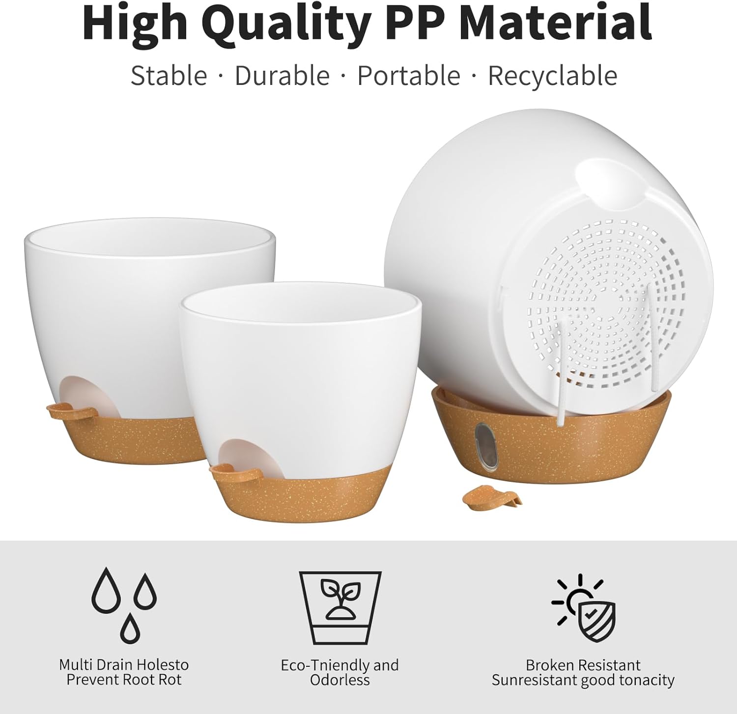 Plant Pots Self Watering Planters 12/10/9 Inch Plastic Flower Pot with Drainage Holes and Watering Lip for Indoor Outdoor Plants (3 Pack，White)