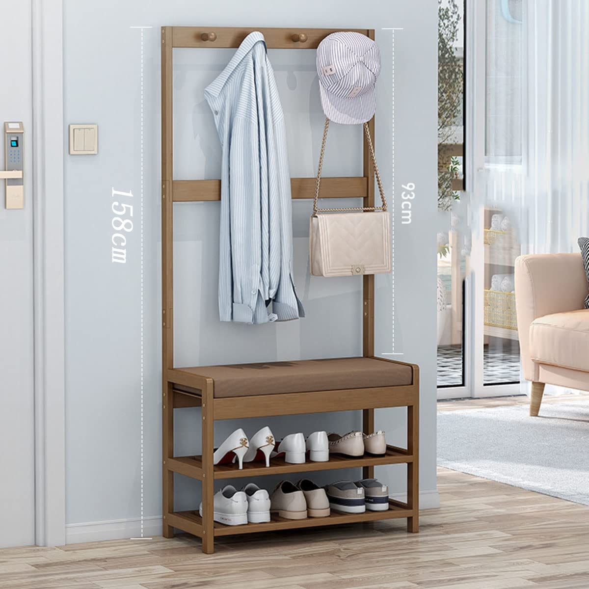 Garderobenständer aus Bambus, Bank mit Schuhablage, 3-in-1-Design für Garderobenständer, Kleiderbügel und Bank, Kombination, 50 cm Größe