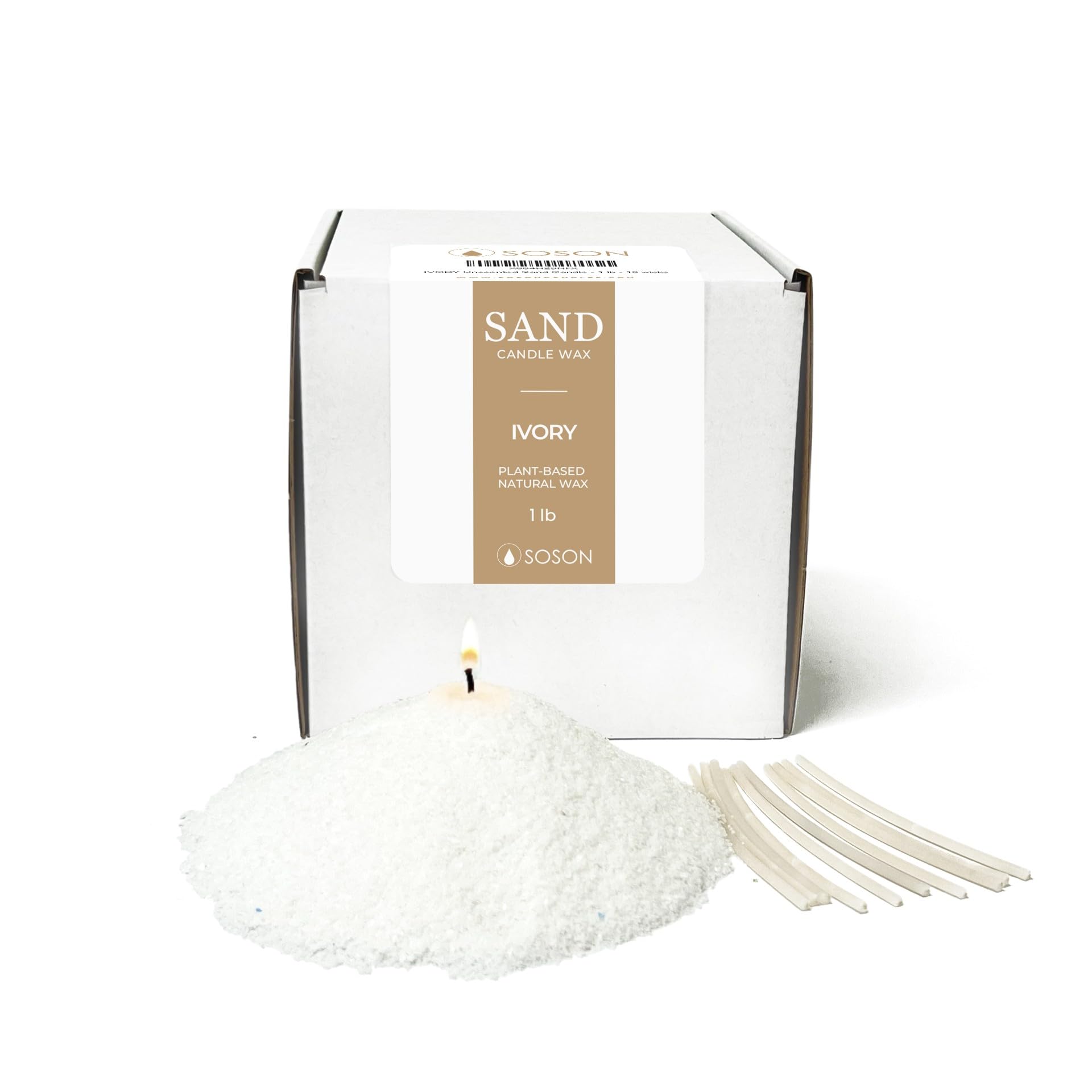 Simply Soson 1 lb Ivory Unscented Pearled Sand Candle, Long Lasting, Refillable Pearl Candle Sand with 10 Wicks for Candlemaking