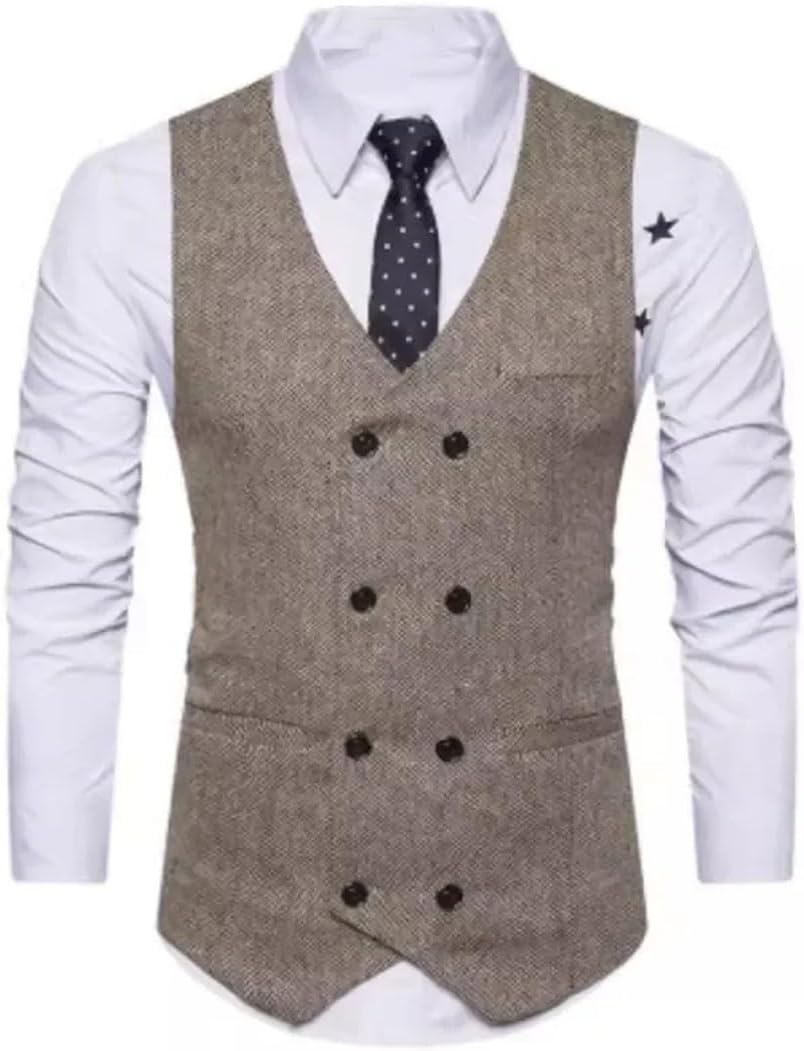 Men's Four Seasons Casual Retro Suit Vest Double-Breasted Sleeveless Herringbone Vest