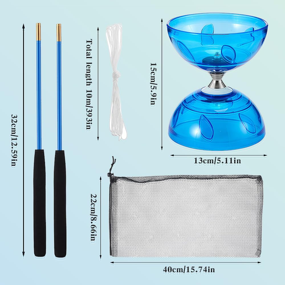 Diabolo Chinois YoYo Set, Diabolo Roulement à Billes, Diabolo avec Roulement à Billes, Diabolo Triple Roulement avec Ficelle, Sac en Filet et 2 Bâtons, Cadeau pour Adultes, Débutants (Bleu)
